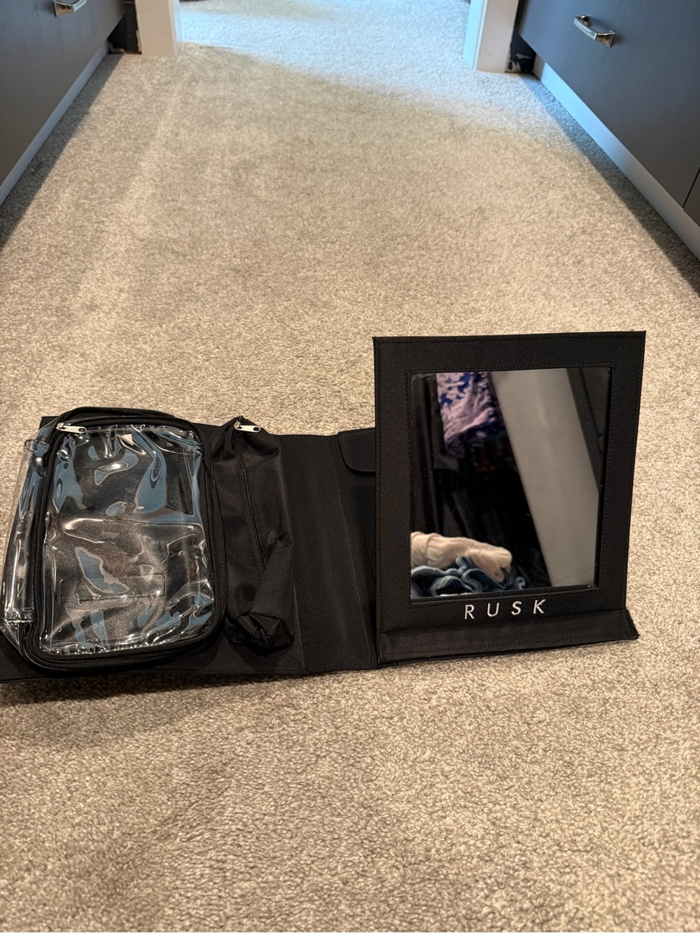 Black Travel Makeup and Toiletry Organizer with stand up Mirror